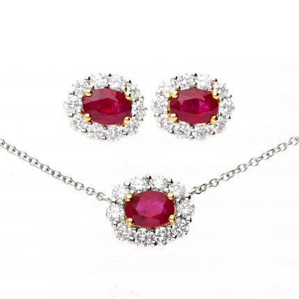 GIA Certified Burma Ruby Diamond Halo 18K White Yellow Gold Necklace and Earring Suite Three Piece Set