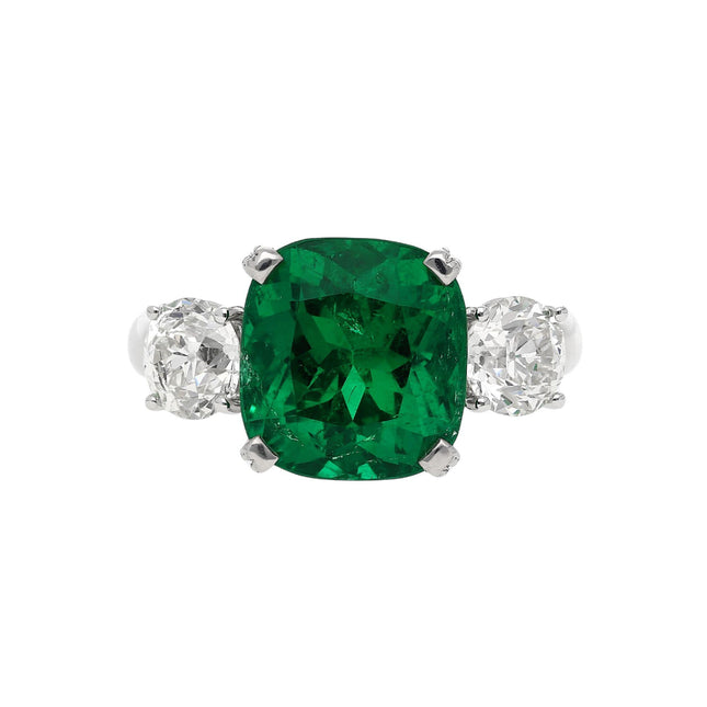 5.41 Carat Cushion Cut Vivid Green Minor Oil Colombian Muzo Emerald Old European Cut Diamond Three Stone 18K White Gold Ring