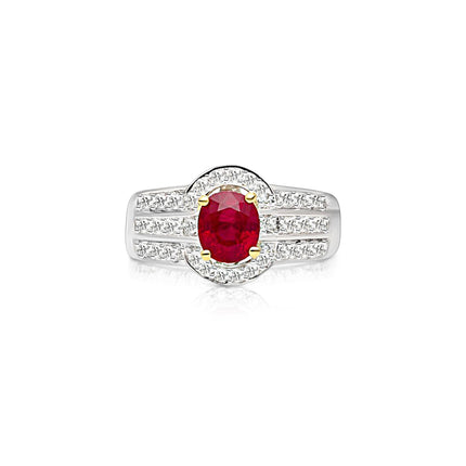 1.37 Carat Burma Pigeon Blood Ruby Diamond Two Tone Gold Ring-Time and Carat