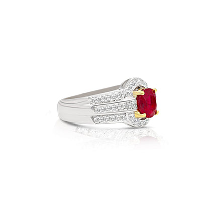 1.37 Carat Burma Pigeon Blood Ruby Diamond Two Tone Gold Ring-Time and Carat