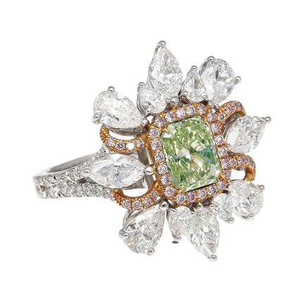 1.39 Carat Radiant Cut Fancy Intense Yellowish Green Diamond Floral Halo Ring 18K Gold-Time and Carat