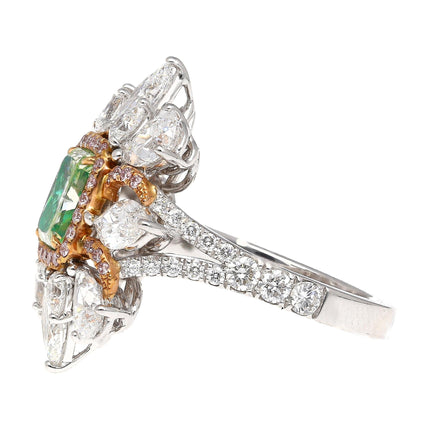 1.39 Carat Radiant Cut Fancy Intense Yellowish Green Diamond Floral Halo Ring 18K Gold-Time and Carat