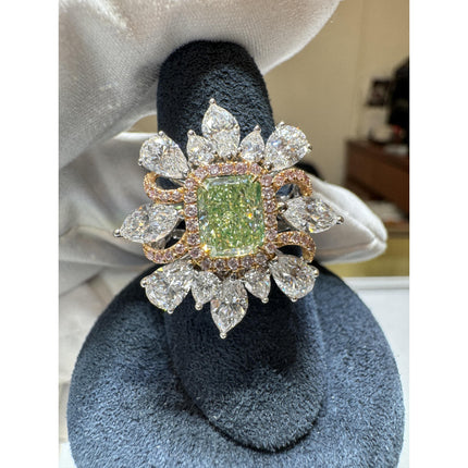 1.39 Carat Radiant Cut Fancy Intense Yellowish Green Diamond Floral Halo Ring 18K Gold-Time and Carat