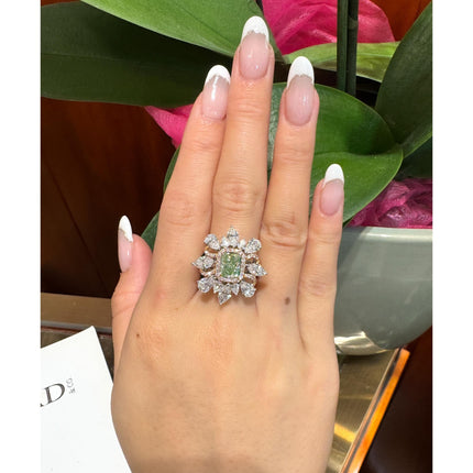 1.39 Carat Radiant Cut Fancy Intense Yellowish Green Diamond Floral Halo Ring 18K Gold-Time and Carat
