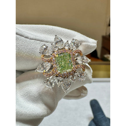 1.39 Carat Radiant Cut Fancy Intense Yellowish Green Diamond Floral Halo Ring 18K Gold-Time and Carat