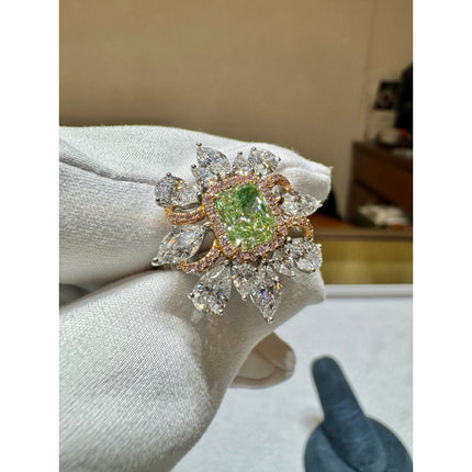 1.39 Carat Radiant Cut Fancy Intense Yellowish Green Diamond Floral Halo Ring 18K Gold-Time and Carat