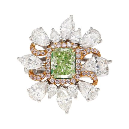 1.39 Carat Radiant Cut Fancy Intense Yellowish Green Diamond Floral Halo Ring 18K Gold-Time and Carat