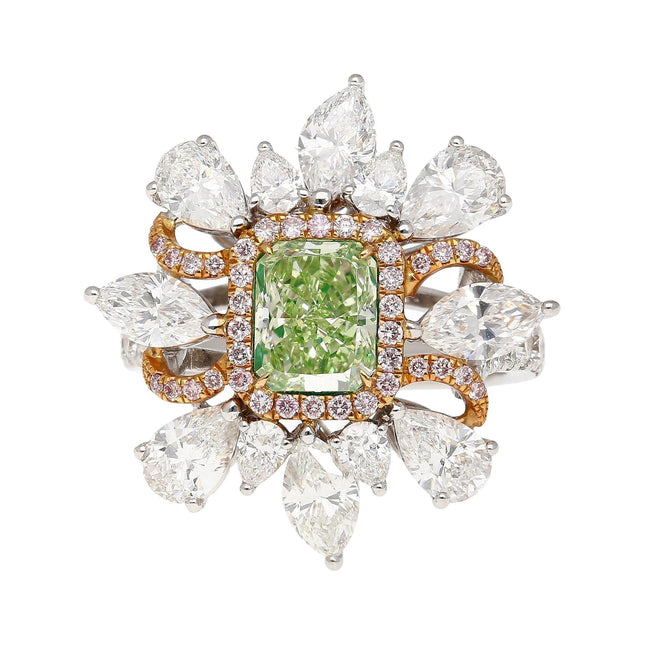 1.39 Carat Radiant Cut Fancy Intense Yellowish Green Diamond Floral Halo Ring 18K Gold-Time and Carat