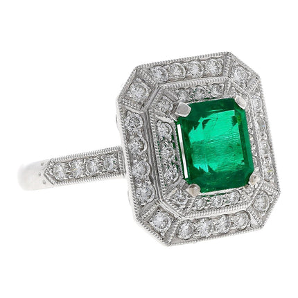 1.46 Carat Emerald Cut Colombian Emerald Diamond Double Halo Ring 18K White Gold-Time and Carat