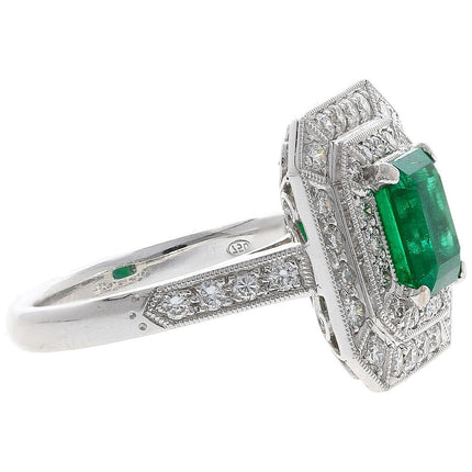 1.46 Carat Emerald Cut Colombian Emerald Diamond Double Halo Ring 18K White Gold-Time and Carat