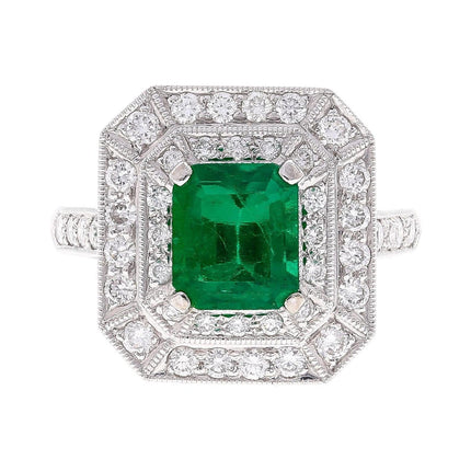 1.46 Carat Emerald Cut Colombian Emerald Diamond Double Halo Ring 18K White Gold-Time and Carat