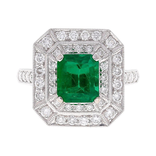 1.46 Carat Emerald Cut Colombian Emerald Diamond Double Halo Ring 18K White Gold-Time and Carat