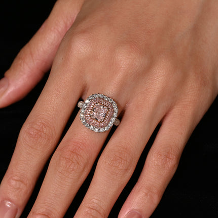 1.50 Carat Radiant Cut Fancy Light Orangey Pink Diamond Cathedral Halo Engagement Ring-Time and Carat