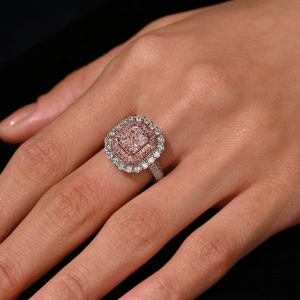 1.50 Carat Radiant Cut Fancy Light Orangey Pink Diamond Cathedral Halo Engagement Ring-Time and Carat