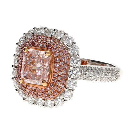 1.50 Carat Radiant Cut Fancy Light Orangey Pink Diamond Cathedral Halo Engagement Ring-Time and Carat