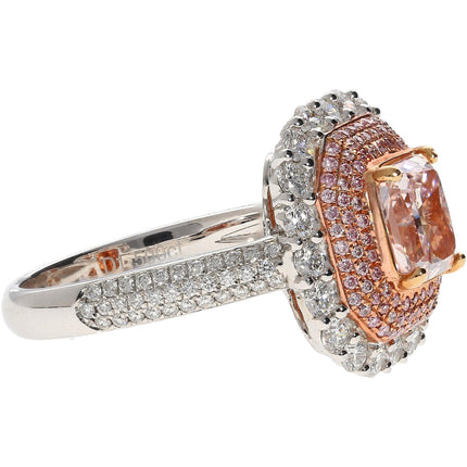 1.50 Carat Radiant Cut Fancy Light Orangey Pink Diamond Cathedral Halo Engagement Ring-Time and Carat