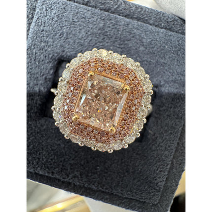 1.50 Carat Radiant Cut Fancy Light Orangey Pink Diamond Cathedral Halo Engagement Ring-Time and Carat