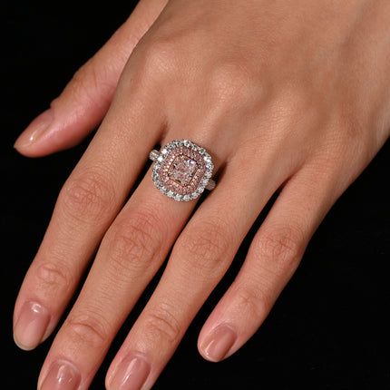 1.50 Carat Radiant Cut Fancy Light Orangey Pink Diamond Cathedral Halo Engagement Ring-Time and Carat