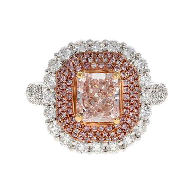 1.50 Carat Radiant Cut Fancy Light Orangey Pink Diamond Cathedral Halo Engagement Ring-Time and Carat