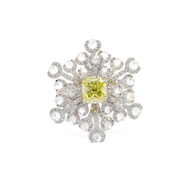 1.52 Carat Cushion Cut Fancy Greenish Yellow Diamond Briolette Snowflake Ring-Time and Carat