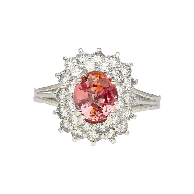 1.63 Carat Oval Padparadscha Sapphire Diamond Halo Cluster Ring Platinum-Time and Carat