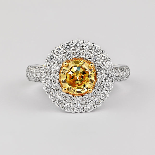 1.65 Carat Modified Brilliant Cut Fancy Intense Yellow Diamond Double Halo Ring Diamond Shank-Time and Carat
