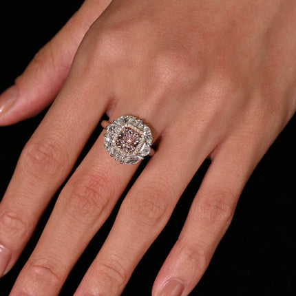 1.69 Carat Radiant Cut Fancy Brownish Pink Diamond Halo Ring-Time and Carat