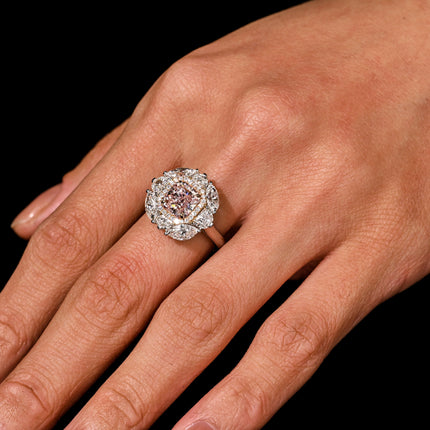 1.69 Carat Radiant Cut Fancy Brownish Pink Diamond Halo Ring-Time and Carat