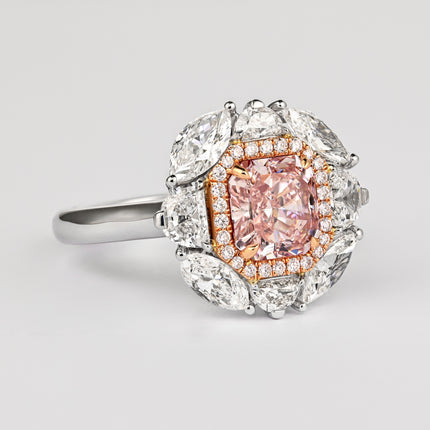 1.69 Carat Radiant Cut Fancy Brownish Pink Diamond Halo Ring-Time and Carat