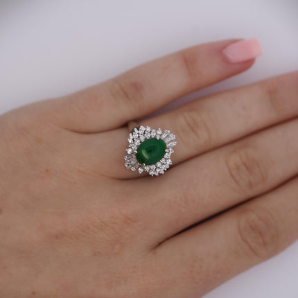 1.73 Carat Oval Natural Green Jade Diamond Halo Cathedral Ring Platinum Filigree-Time and Carat