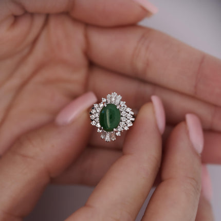 1.73 Carat Oval Natural Green Jade Diamond Halo Cathedral Ring Platinum Filigree-Time and Carat