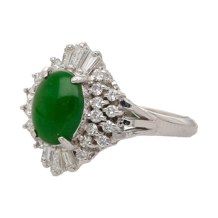 1.73 Carat Oval Natural Green Jade Diamond Halo Cathedral Ring Platinum Filigree-Time and Carat