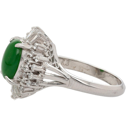 1.73 Carat Oval Natural Green Jade Diamond Halo Cathedral Ring Platinum Filigree-Time and Carat