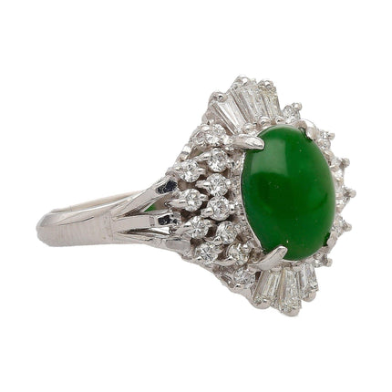 1.73 Carat Oval Natural Green Jade Diamond Halo Cathedral Ring Platinum Filigree-Time and Carat