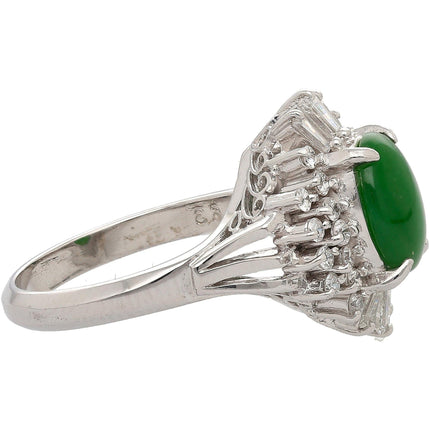 1.73 Carat Oval Natural Green Jade Diamond Halo Cathedral Ring Platinum Filigree-Time and Carat