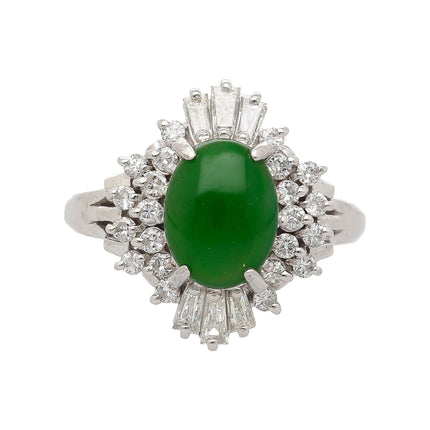 1.73 Carat Oval Natural Green Jade Diamond Halo Cathedral Ring Platinum Filigree-Time and Carat