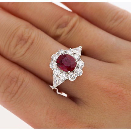 1.76 Carat Cushion Cut Pigeon's Blood No Heat Burma Ruby Diamond Halo Ring Trillion-Time and Carat