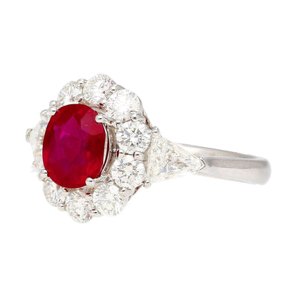 1.76 Carat Cushion Cut Pigeon's Blood No Heat Burma Ruby Diamond Halo Ring Trillion-Time and Carat