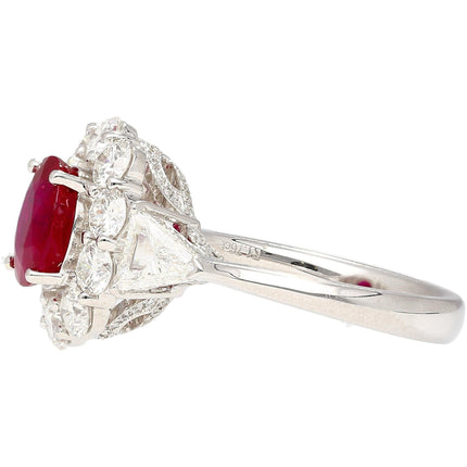 1.76 Carat Cushion Cut Pigeon's Blood No Heat Burma Ruby Diamond Halo Ring Trillion-Time and Carat