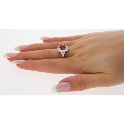 1.76 Carat Cushion Cut Pigeon's Blood No Heat Burma Ruby Diamond Halo Ring Trillion-Time and Carat