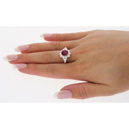 1.76 Carat Cushion Cut Pigeon's Blood No Heat Burma Ruby Diamond Halo Ring Trillion-Time and Carat