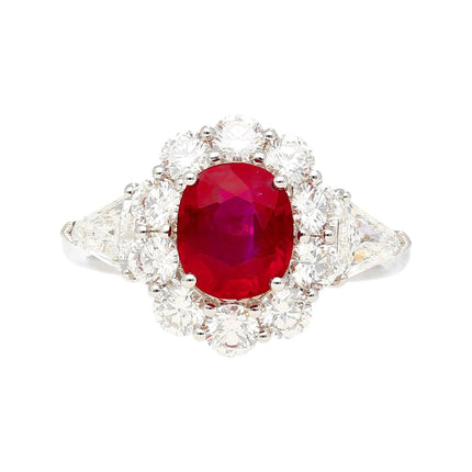 1.76 Carat Cushion Cut Pigeon's Blood No Heat Burma Ruby Diamond Halo Ring Trillion-Time and Carat