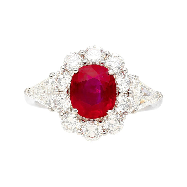 1.76 Carat Cushion Cut Pigeon's Blood No Heat Burma Ruby Diamond Halo Ring Trillion-Time and Carat