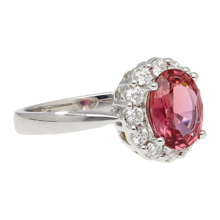 1.81 Carat Oval Cut Padparadscha Sapphire Round Diamond Halo Ring 18K White Gold Madagascar No Heat-Time and Carat