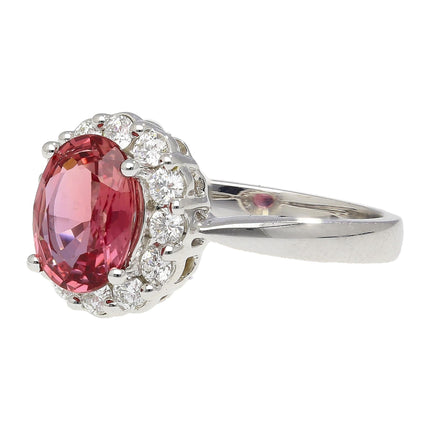 1.81 Carat Oval Cut Padparadscha Sapphire Round Diamond Halo Ring 18K White Gold Madagascar No Heat-Time and Carat