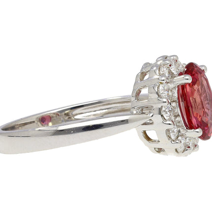 1.81 Carat Oval Cut Padparadscha Sapphire Round Diamond Halo Ring 18K White Gold Madagascar No Heat-Time and Carat