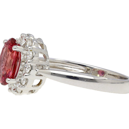 1.81 Carat Oval Cut Padparadscha Sapphire Round Diamond Halo Ring 18K White Gold Madagascar No Heat-Time and Carat