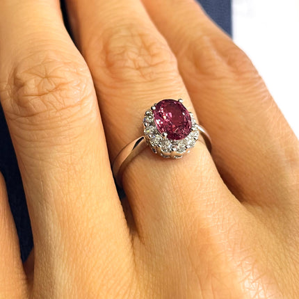 1.81 Carat Oval Cut Padparadscha Sapphire Round Diamond Halo Ring 18K White Gold Madagascar No Heat-Time and Carat