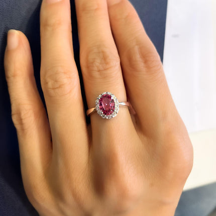 1.81 Carat Oval Cut Padparadscha Sapphire Round Diamond Halo Ring 18K White Gold Madagascar No Heat-Time and Carat