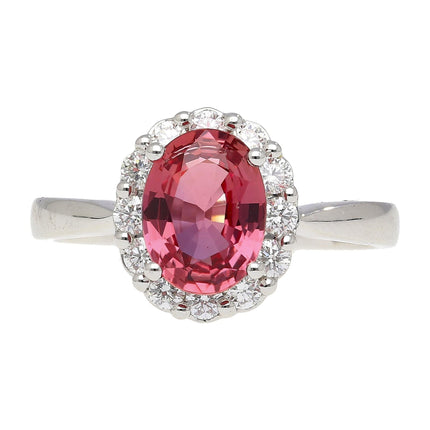 1.81 Carat Oval Cut Padparadscha Sapphire Round Diamond Halo Ring 18K White Gold Madagascar No Heat-Time and Carat